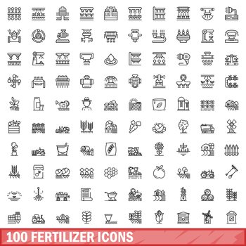 100 fertilizer icons set. Outline illustration of 100 fertilizer icons vector set isolated on white background. 100 fertilizer icons set, outline style