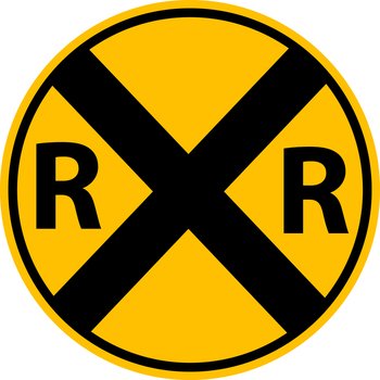 Railroad warning icon on white background. Railroad warning symbol. Yellow rail sign. U.S. railroad lat style.