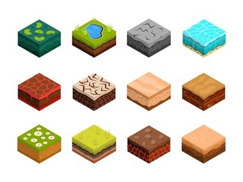 3D isometric ground. Soil nature surface. Grass lawn. Dirt and lava. Game landscape. Rock slices and layers. Green land or stone. Water and desert. Earth textures set. Vector illustration background. 3D isometric ground. Soil surface. Grass lawn. Dirt and lava. Game landscape. Rock slices and layers. Land or stone. Water and desert. Earth textures set. Vector illustration background