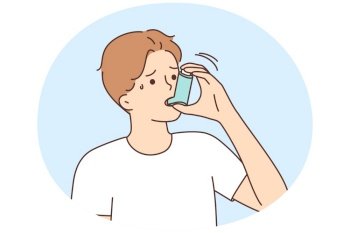 Unhealthy young man suffering from asthma use inhaler. Unwell sick guy struggle with health problems breathe with puffer device. Vector illustration.. Sick man suffer from asthma use inhaler