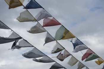 Low angle view of prayer flags, Buddha Dordenma, Thimphu District, Bhutan