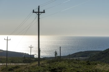 Electricity poles at coast, Birchy Head, Gros Morne National Park, Newfoundland and Labrador, Canada