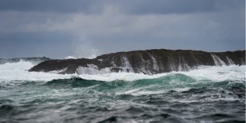 Waves breaking on an island, Skeena-Queen Charlotte Regional District, Haida Gwaii, Graham Island, British Columbia, Canada
