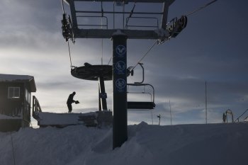 Ski lift platform in ski resort,  Kicking Horse Mountain Resort, Golden, British Columbia, Canada