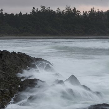 Wave splashing at coast, Pettinger Point, Cox Bay, Pacific Rim National Park Reserve, Tofino, British Columbia, Canada