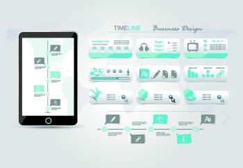 Web buttons set blue design, time line infographic on screen of smartphone.