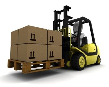 3D Render of Man Driving Fork Lift Truck Isolated on White