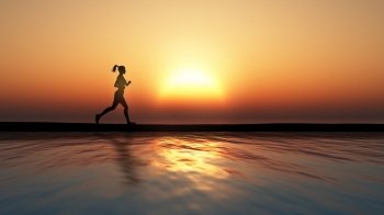 3D render of a female jogging against a sunset over an ocean