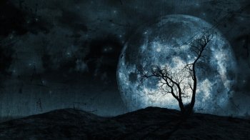 Grunge background of a spooky silhouette of a tree against a large moon in a night sky