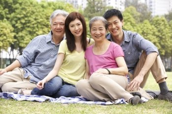 Portrait Of Chinese Parents With Adult Children Relaxing In Park Together