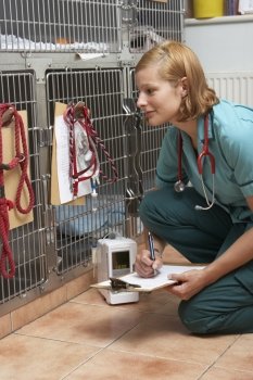 Veterinary Nurse Checking On Animals In Cages