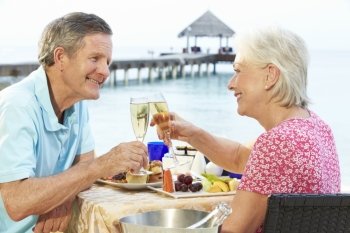 Senior Couple Enjoying Meal In Seafront Restaurant