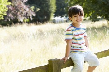 Portrait Of  Asian Boy Sitting On Fence In Countryside