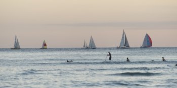 Surfers with sailboats in the background, Waikiki, Honolulu, Oahu, Hawaii, USA