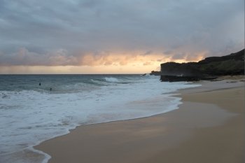 Surf on the beach at sunset, Sandy Beach, Hawaii Kai, Honolulu, Oahu, Hawaii, USA