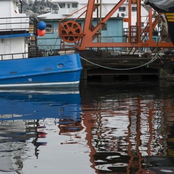 Boat moored at dock, Lake Union, Wallingford, Seattle, Washington State, USA