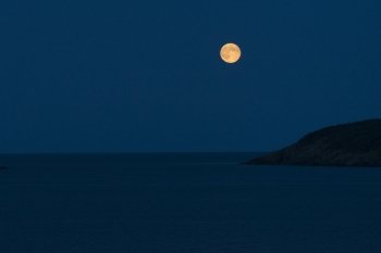 Full moon over the ocean at night, Calvert, Avalon Peninsula, Newfoundland And Labrador, Canada