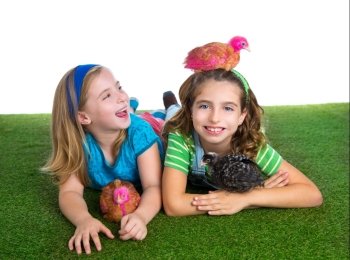 breeder hens kid sister farmer girls playing funny with chicken chicks on white background