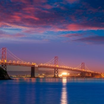 Bay Bridge at sunset in San Francisco from Treasure Island California USA