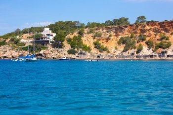 Ibiza Cala dHort d Hort view from boat in Balearic Islands