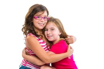 kid girls tender hug smiling ans friends cousins on white background