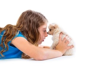 relaxed kid girl and puppy chihuahua dog lying happy profile view on white background