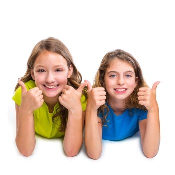 two kid girls happy ok thumbs up gesture expression lying on white background