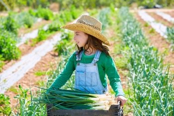 Litte kid farmer girl in onion harvest at orchard