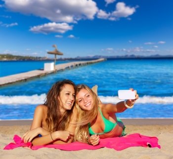 happy girl friends selfie portrait beach sand in Mallorca photo mount
