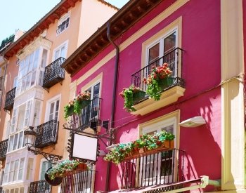 Burgos downtown colorful facades in Castilla Leon of Spain