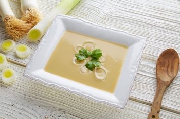 vichyssoise cream soup with leeks on white wood table