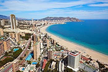 Benidorm beach aerial skyline in Alicante Mediterranean of Spain