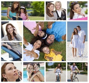 Montage of a successful working woman, mother and wife balancing modern working & family life, on cell phone, using tablet computer, at beach, swimming pool & reading with her daughter