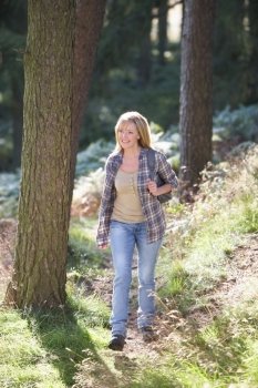 Woman On Country Walk Through Woodland