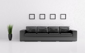 Modern interior of white room with black sofa 3d render