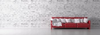 Interior with red sofa over the white brick wall panorama 3d render