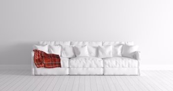 Modern interior of a room with white sofa and red plaid 3d render