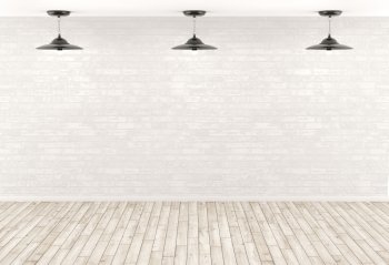 Interior background, room with three lamps over the white brick wall, beige wooden floor 3d render