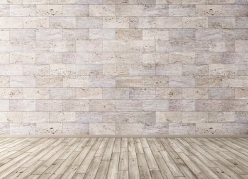 Interior background of room with stone tiles wall and wooden floor 3d render