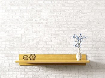 Wooden shelf with flower vase over white brick wall interior decor background 3d rendering