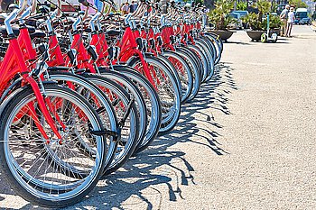 Group of red city bicycles parking on the street