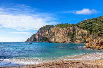 A section of Paleokastritsa beach, a popular tourist destination on Corfu Island, Greece.