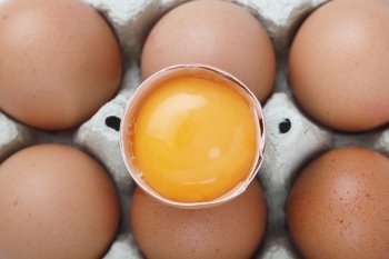 A separated  yolk, still in the shell, on top of a carton of brown free-range eggs
