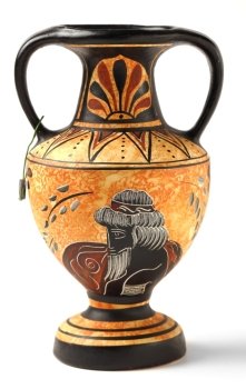 A reproduction of a Nikosthenic black figure amphora from the Hellenic period. The original was found on the  Cyprus. The copy is typical of a genre of mass produced archaeological tourist souvenirs sold throughout Greece and Cyprus.