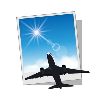 Illustration photo frame with plane and sky - vector