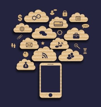 Illustration smart device with cloud of application icons, business infographics elements - vector