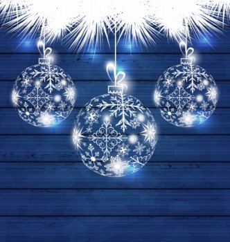 Illustration Christmas balls made in snowflakes on blue wooden background - vector