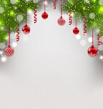 Illustration Christmas glowing background with fir branches, glass balls, streamer - vector
