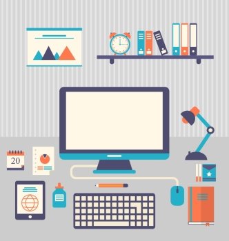 Illustration flat icons of trendy everyday objects, office supplies and business items for daily usage - vector