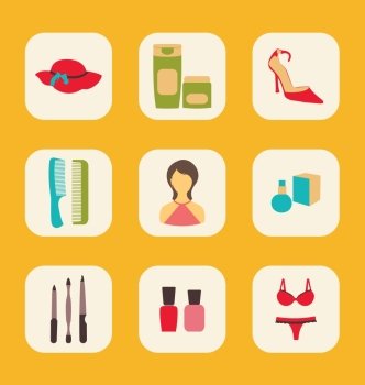 Illustration flat icons set with a central woman surrounded by hat, creams, shoes, hairbrushes, perfume, tools for manicure, nail polishes and underwear - vector